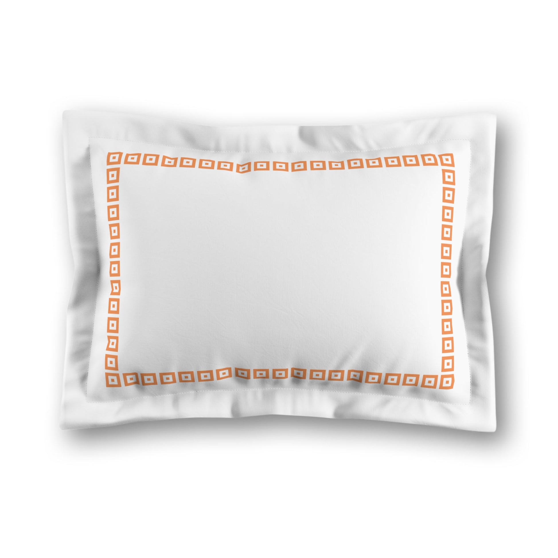 White Microfiber Pillow Sham with Flange, Orange Repeating Square Motif Print, Classic Border, White Reverse Side, King (width x length) 22 x 38 inches / 56 x 97 cm