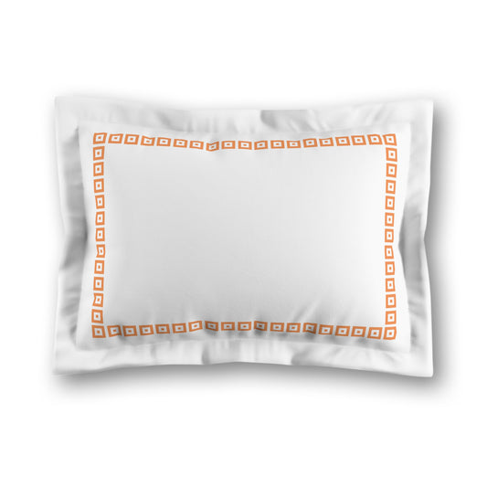 White Microfiber Pillow Sham with Flange, Orange Repeating Square Motif Print, Classic Border, White Reverse Side, King (width x length) 22 x 38 inches / 56 x 97 cm
