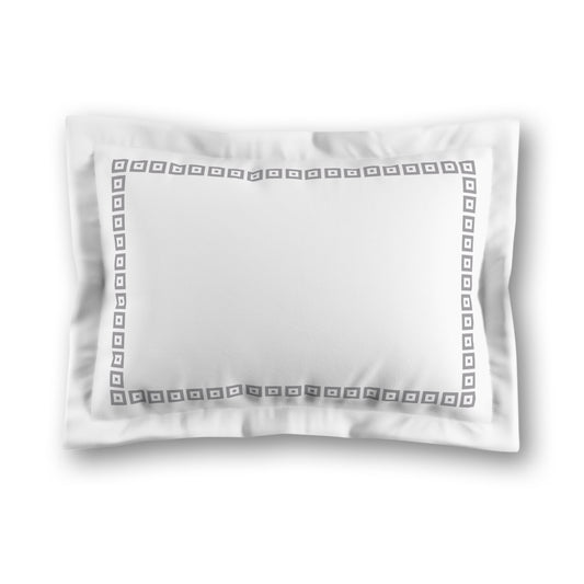 White Microfiber Pillow Sham with Flange, Grey Repeating Square Motif Print, Classic Border, White Reverse Side, King (width x length) 22 x 38 inches / 56 x 97 cm