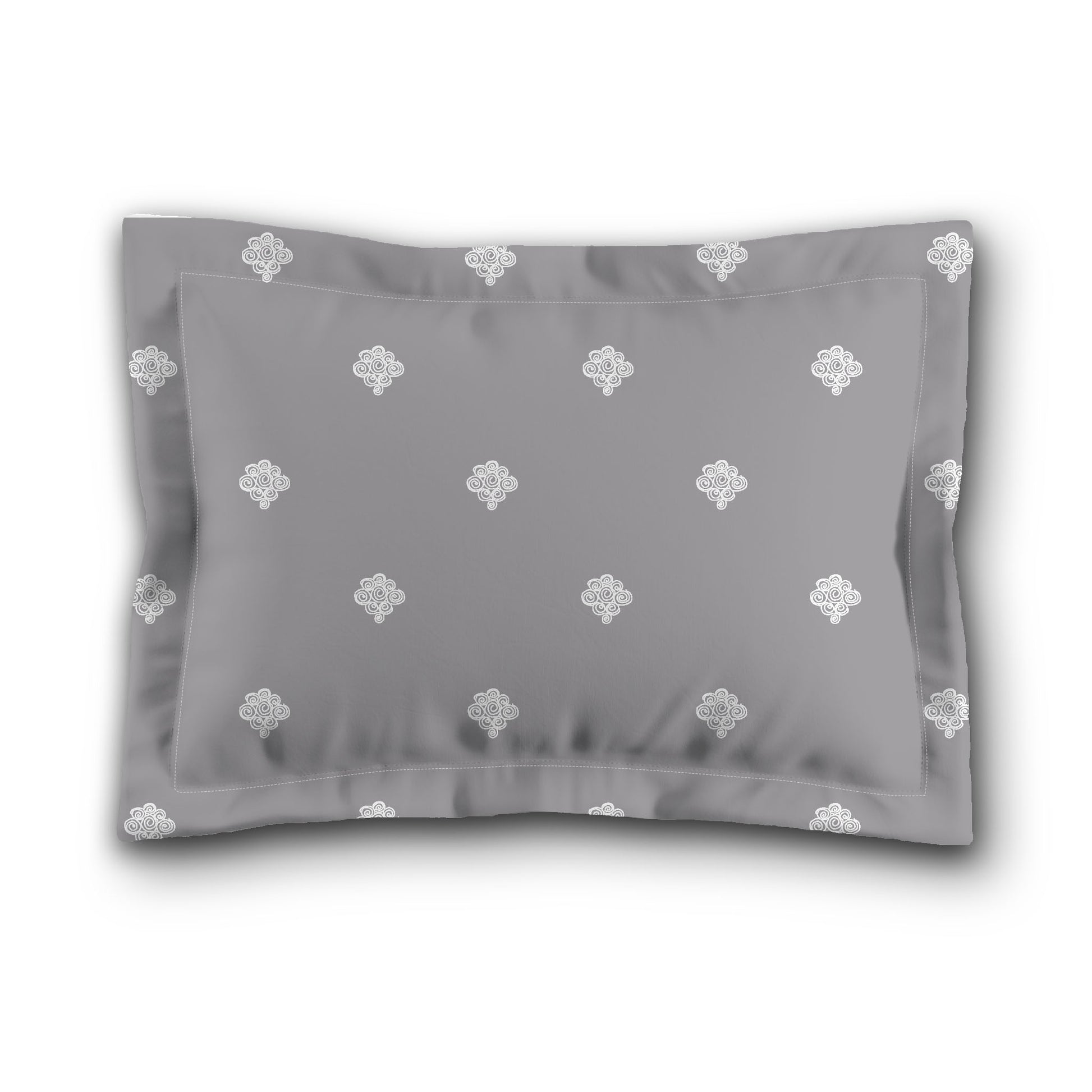 Grey Microfiber Pillow Sham with Flange, White Hand-painted Swizzle Motif Print, White Reverse Side, King (width x length) 22 x 38 inches / 56 x 97 cm