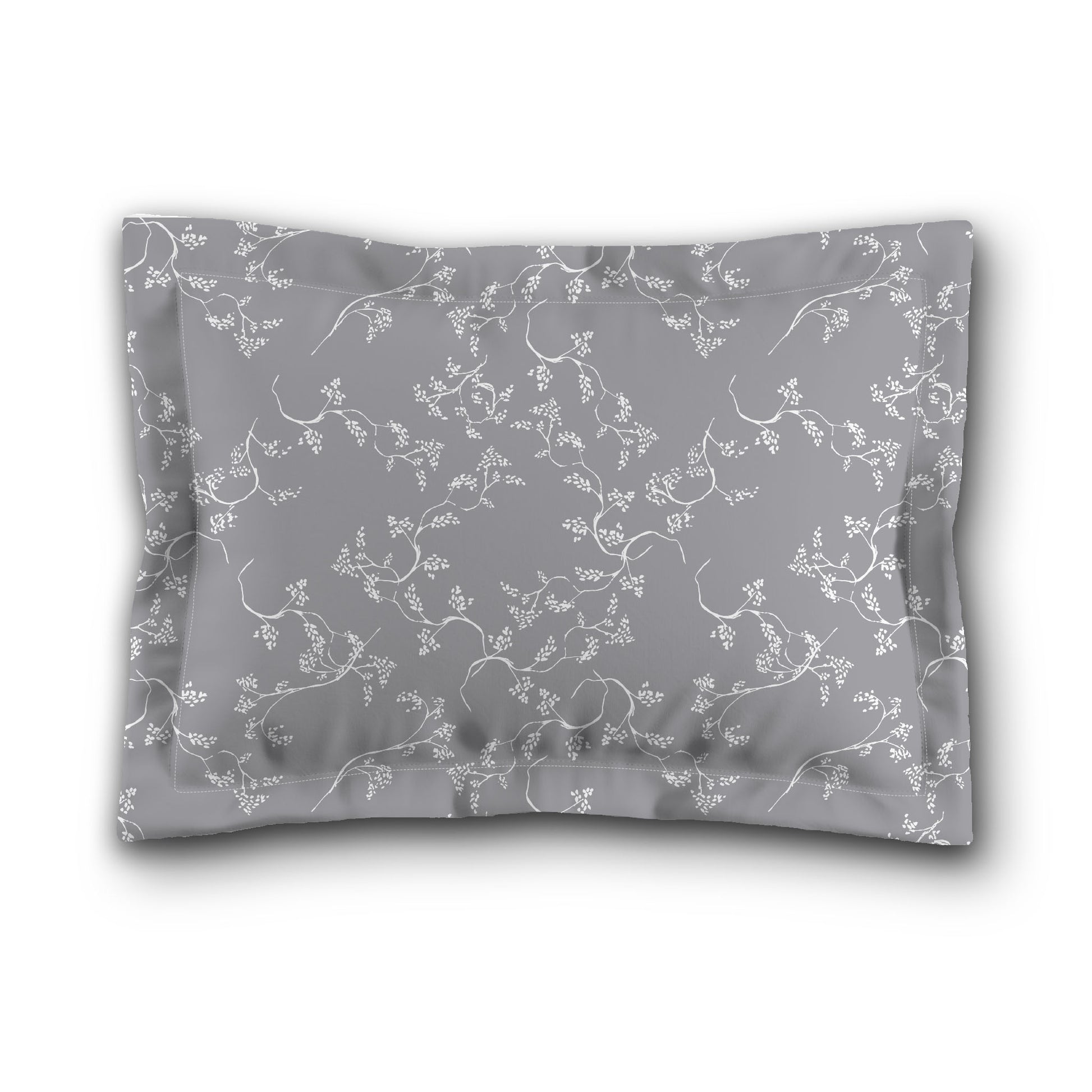Grey Microfiber Pillow Sham with Flange, White Hand-painted Vine Print, White Reverse Side, King (width x length) 22 x 38 inches / 56 x 97 cm