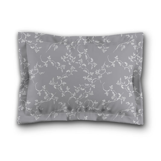 Grey Microfiber Pillow Sham with Flange, White Hand-painted Vine Print, White Reverse Side, King (width x length) 22 x 38 inches / 56 x 97 cm