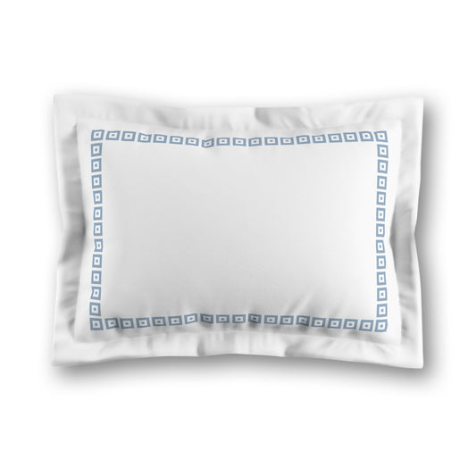 White Microfiber Pillow Sham with Flange, Blue Repeating Square Motif Print, Classic Border, White Reverse Side, King (width x length) 22 x 38 inches / 56 x 97 cm
