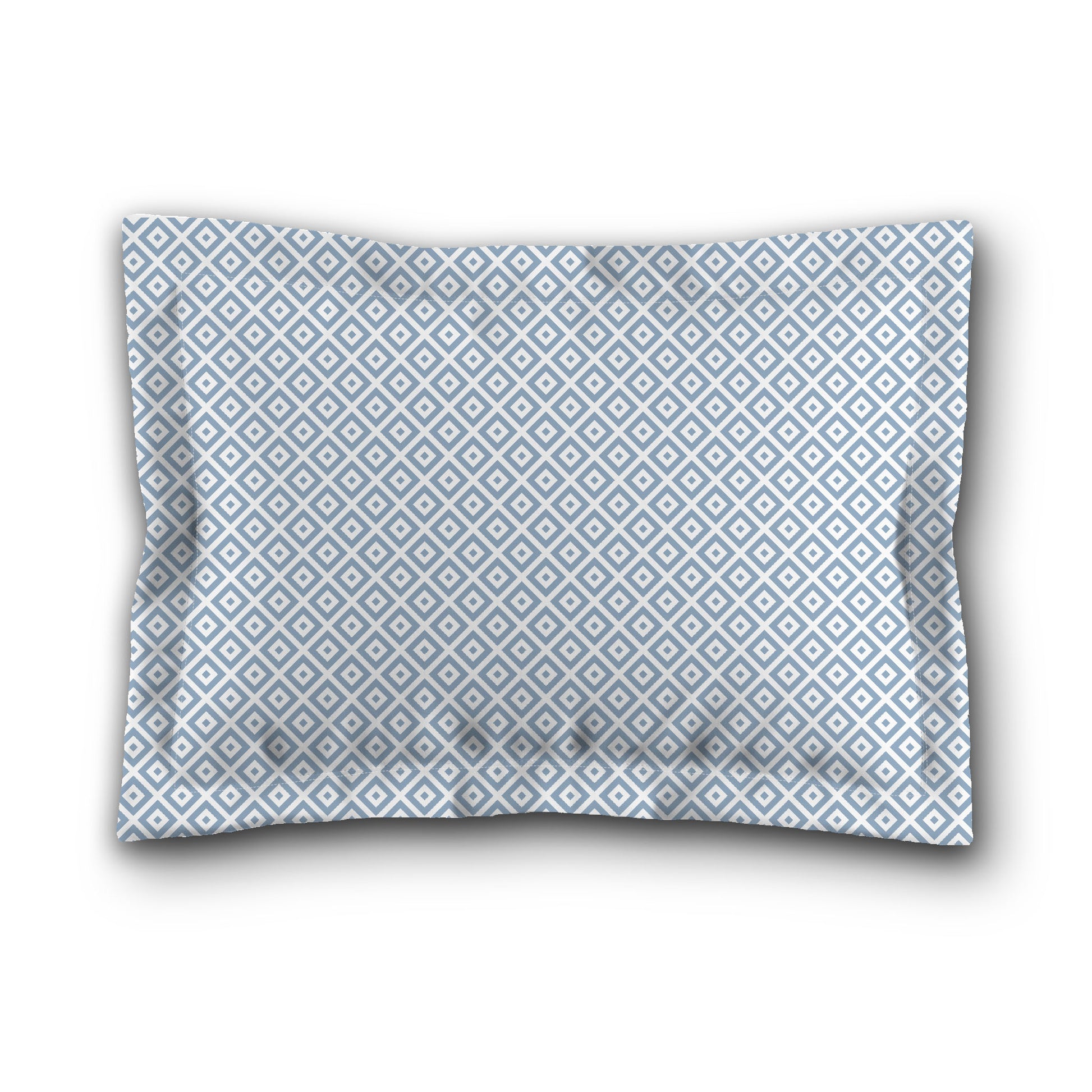 White Microfiber Pillow Sham with Flange, Blue Repeating Square Motif Print, White Reverse Side, King (width x length) 22 x 38 inches / 56 x 97 cm