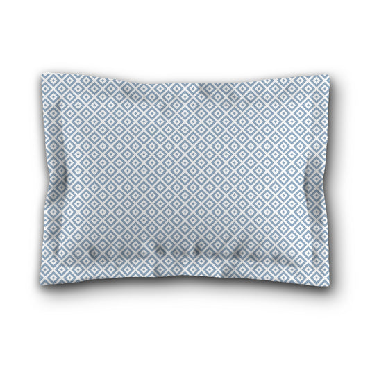 White Microfiber Pillow Sham with Flange, Blue Repeating Square Motif Print, White Reverse Side, King (width x length) 22 x 38 inches / 56 x 97 cm