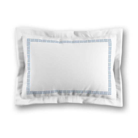 White Microfiber Pillow Sham with Flange, Blue Single Weave Motif Print, Classic Border, White Reverse Side, King (width x length) 22 x 38 inches / 56 x 97 cm