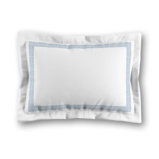 White Microfiber Pillow Sham with Flange, Blue Double Weave Motif Print, Classic Border, White Reverse Side, King (width x length) 22 x 38 inches / 56 x 97 cm