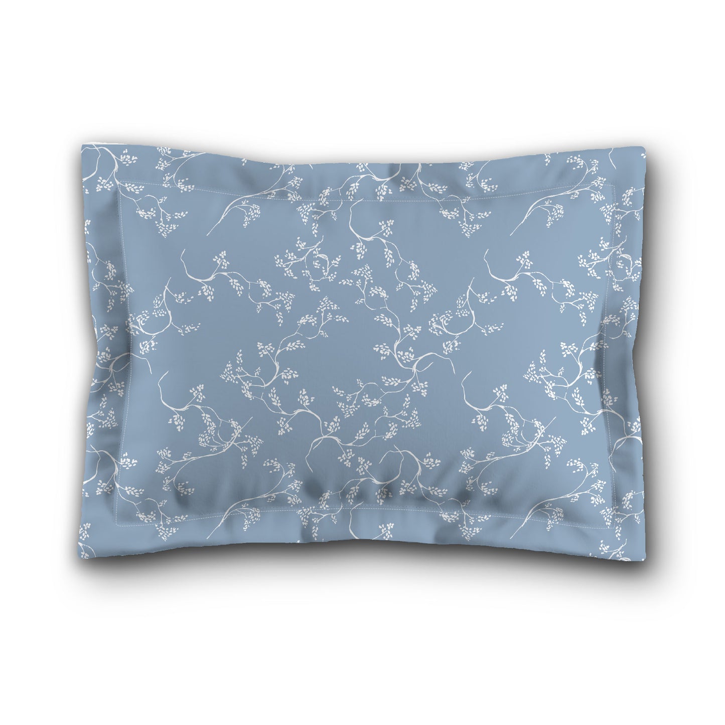 Blue Microfiber Pillow Sham with Flange, White Hand-painted Vine Print, White Reverse Side, King (width x length) 22 x 38 inches / 56 x 97 cm
