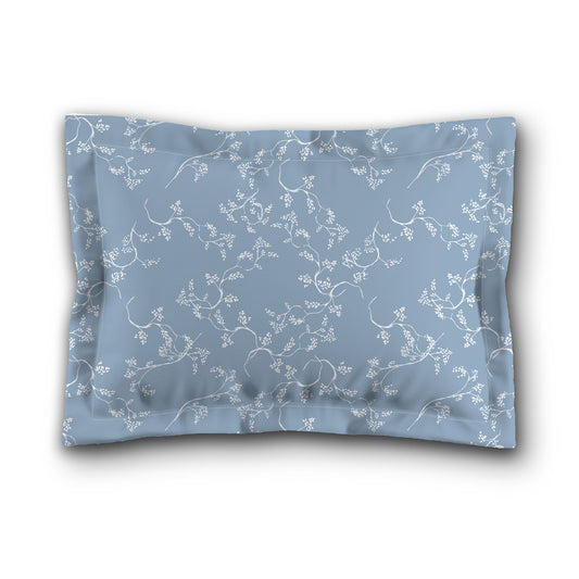 Blue Microfiber Pillow Sham with Flange, White Hand-painted Vine Print, White Reverse Side, King (width x length) 22 x 38 inches / 56 x 97 cm