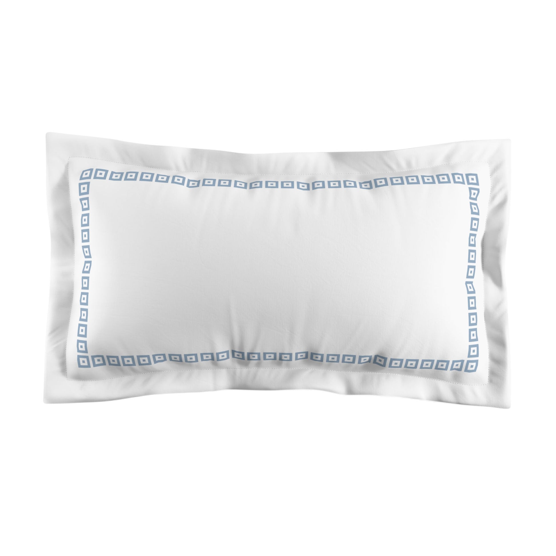 White Microfiber Pillow Sham with Flange, Blue Repeating Square Motif Print, Classic Border, White Reverse Side, King (width x length) 22 x 38 inches / 56 x 97 cm