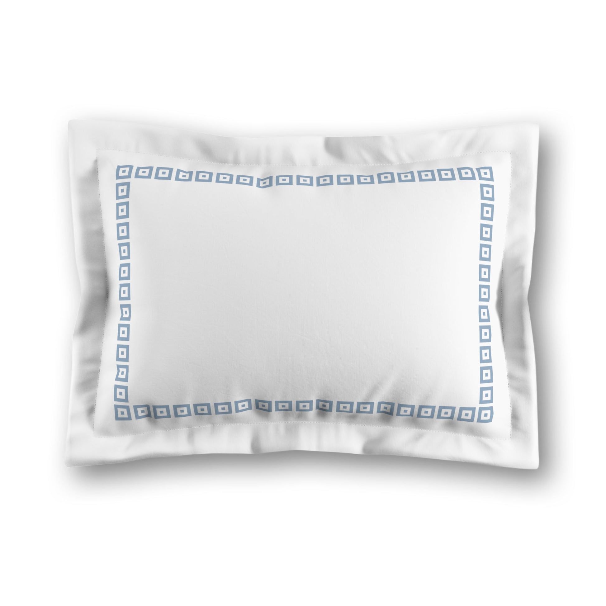 White Microfiber Pillow Sham with Flange, Blue Repeating Square Motif Print, Classic Border, White Reverse Side, Standard (width x length) 22 x 30 inches / 56 x 76 cm