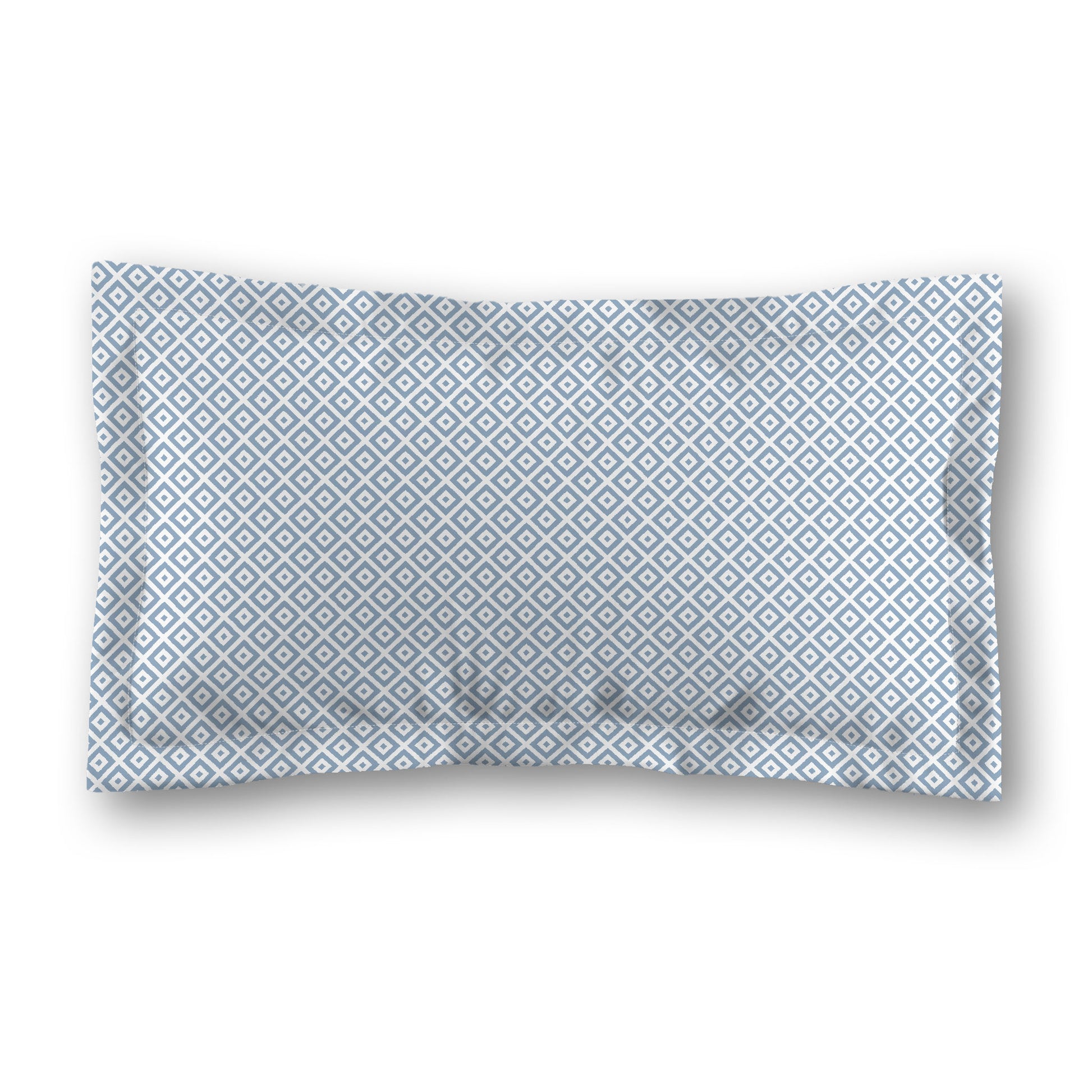 White Microfiber Pillow Sham with Flange, Blue Repeating Square Motif Print, White Reverse Side, King (width x length) 22 x 38 inches / 56 x 97 cm
