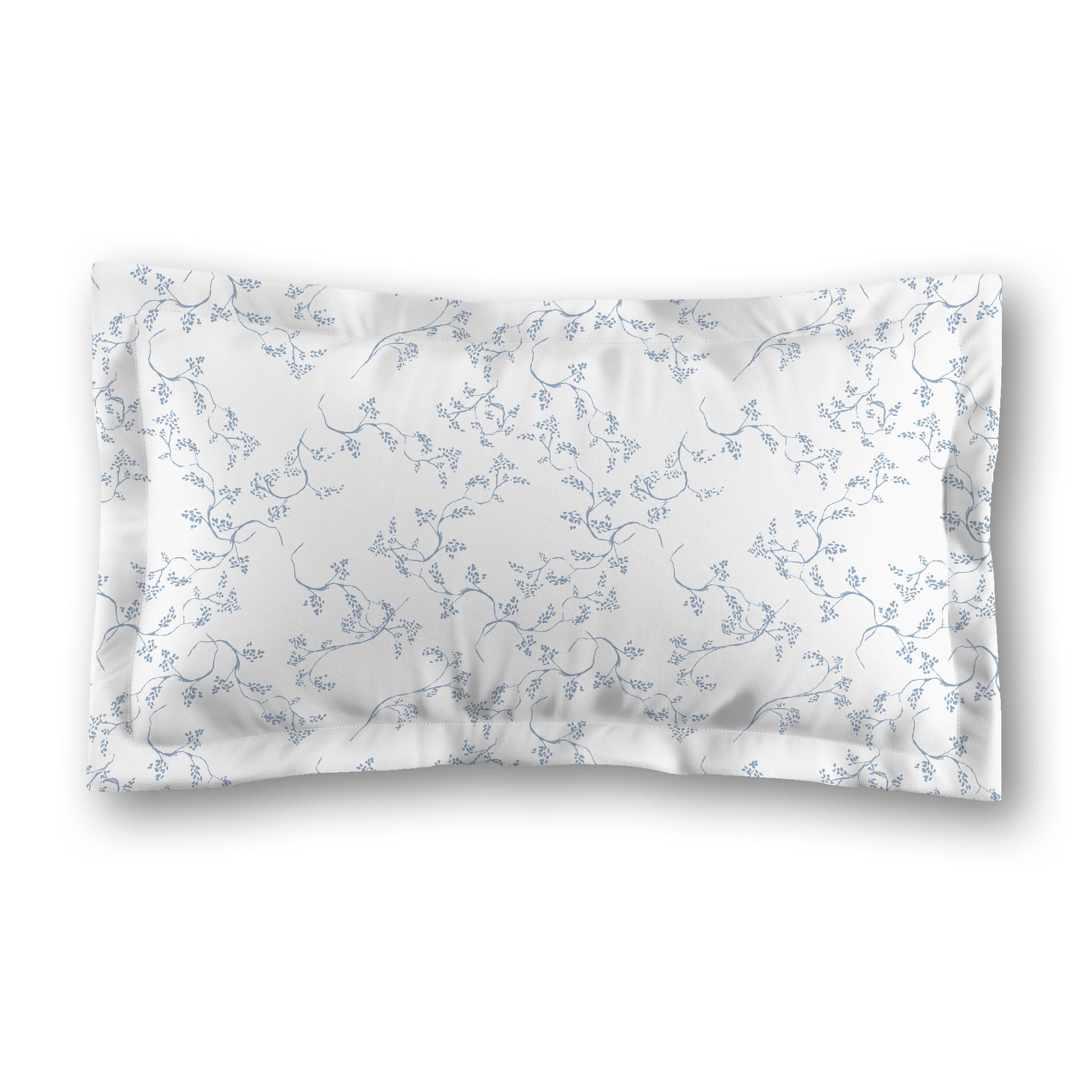 White Microfiber Pillow Sham with Flange, Blue Hand-painted Vine Print, White Reverse Side, King (width x length) 22 x 38 inches / 56 x 97 cm