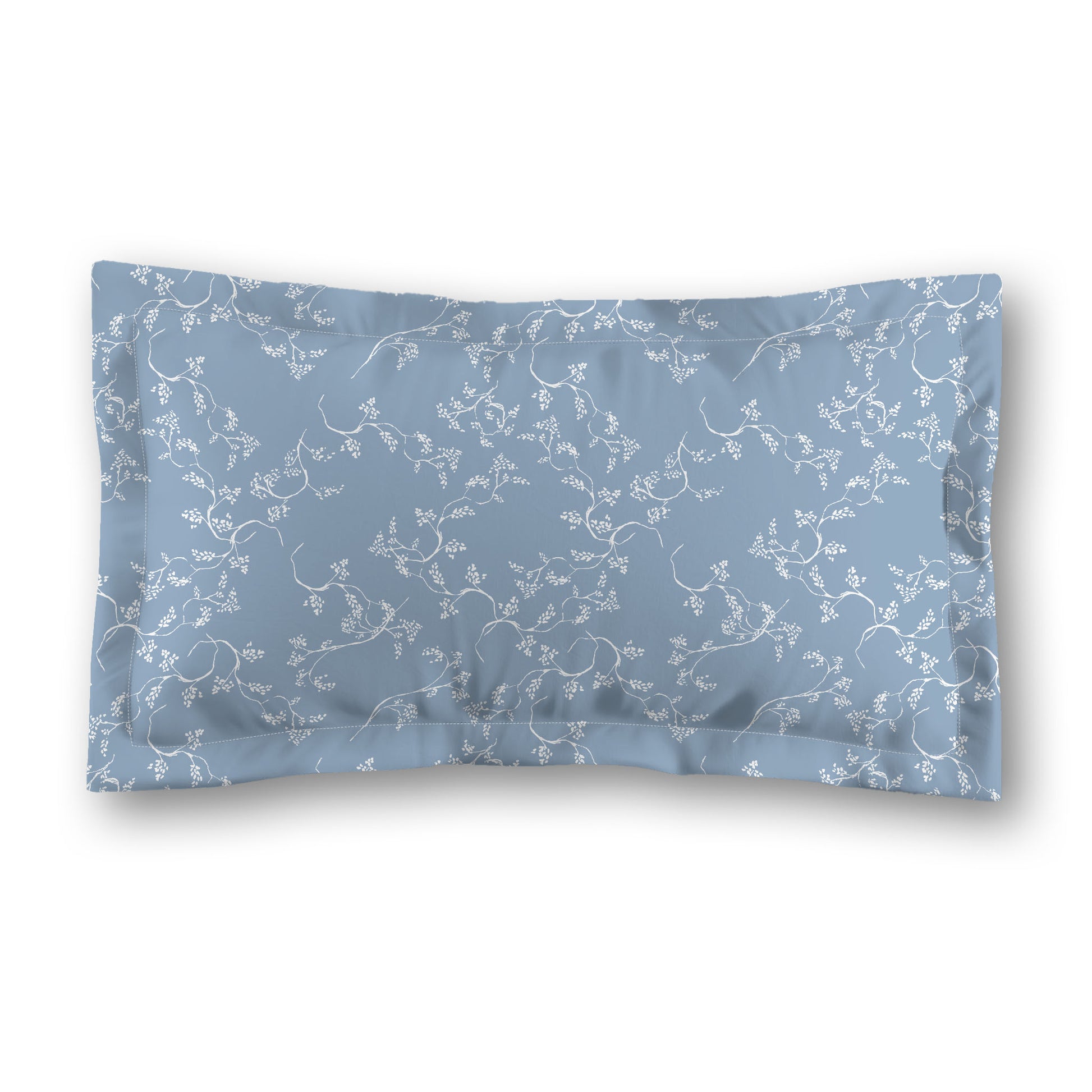 Blue Microfiber Pillow Sham with Flange, White Hand-painted Vine Print, White Reverse Side, King (width x length) 22 x 38 inches / 56 x 97 cm