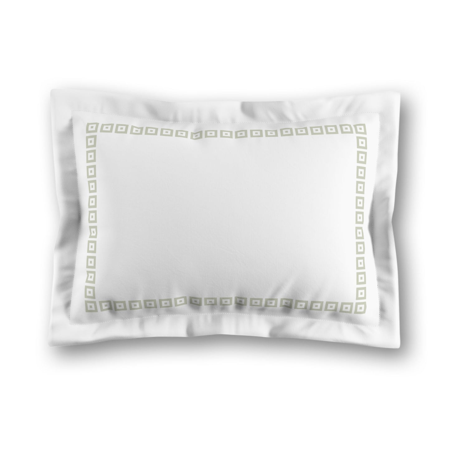 White Microfiber Pillow Sham with Flange, Pale Green Repeating Square Motif Print, Classic Border, White Reverse Side, King (width x length) 22 x 38 inches / 56 x 97 cm