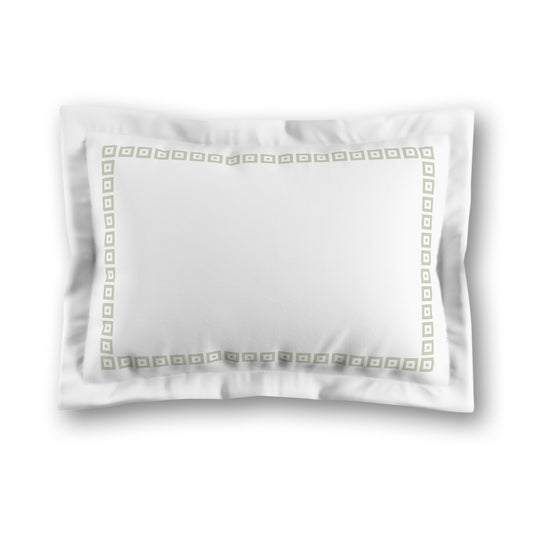 White Microfiber Pillow Sham with Flange, Pale Green Repeating Square Motif Print, Classic Border, White Reverse Side, King (width x length) 22 x 38 inches / 56 x 97 cm