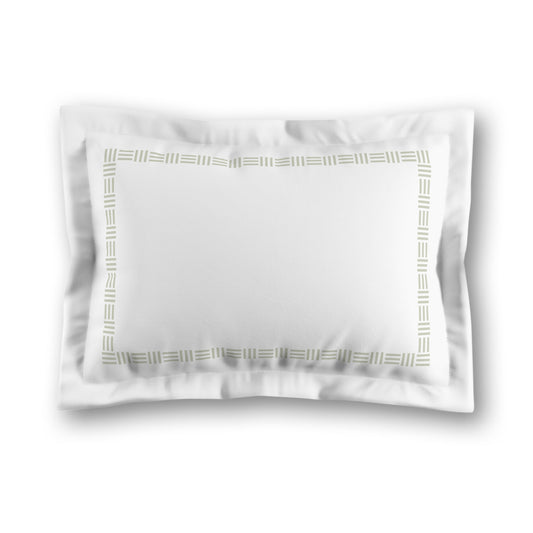 White Microfiber Pillow Sham with Flange, Pale Green Single Weave Motif Print, Classic Border, White Reverse Side, King (width x length) 22 x 38 inches / 56 x 97 cm