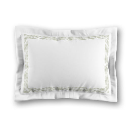 White Microfiber Pillow Sham with Flange, Pale Green Double Weave Motif Print, Classic Border, White Reverse Side, King (width x length) 22 x 38 inches / 56 x 97 cm