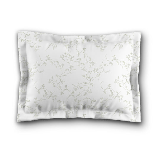 White Microfiber Pillow Sham with Flange, Pale Green Hand-painted Vine Print, White Reverse Side, King (width x length) 22 x 38 inches / 56 x 97 cm