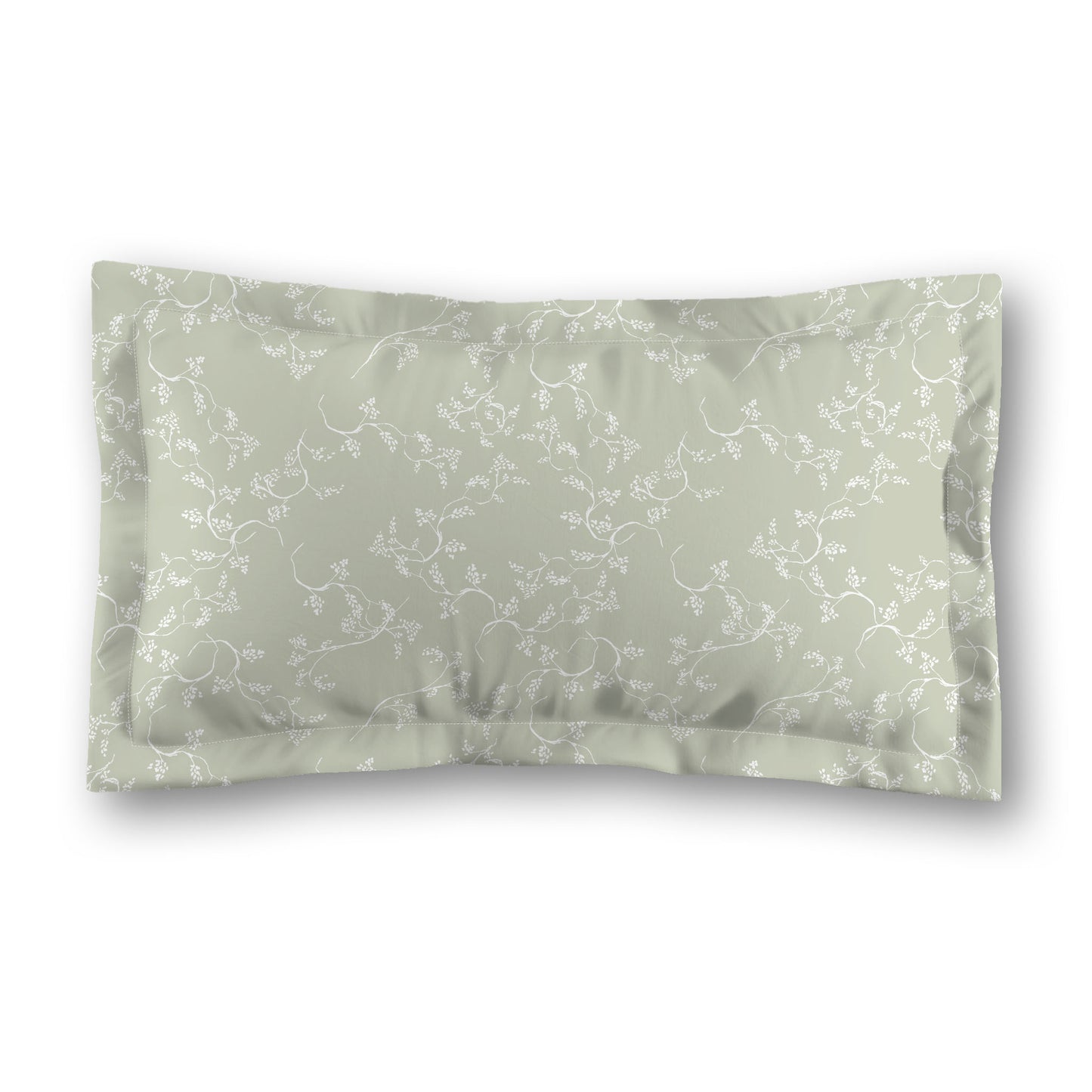 Pale Green Microfiber Pillow Sham with Flange, White Hand-painted Vine Print, White Reverse Side, Standard (width x length) 22 x 30 inches / 56 x 76 cm