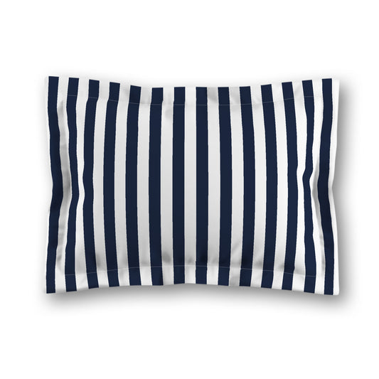 White Microfiber Sham with Flange, Navy Blue Bars on Front, White Reverse Side, King (width x length) 22 x 38 inches / 56 x 97 cm