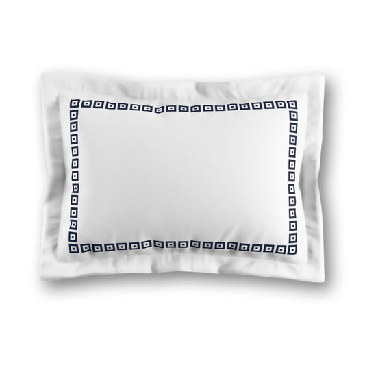 White Microfiber Pillow Sham with Flange, Navy Blue Repeating Square Motif Print, Classic Border, White Reverse Side, King (width x length) 22 x 38 inches / 56 x 97 cm