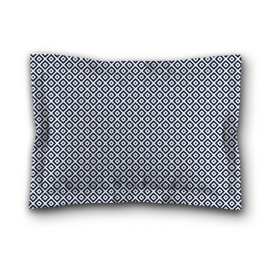 White Microfiber Pillow Sham with Flange, Navy Blue Repeating Square Motif Print, White Reverse Side, King (width x length) 22 x 38 inches / 56 x 97 cm