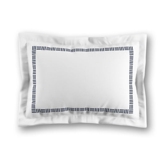 White Microfiber Pillow Sham with Flange, Navy Blue Single Weave Motif Print, Classic Border, White Reverse Side, King (width x length) 22 x 38 inches / 56 x 97 cm