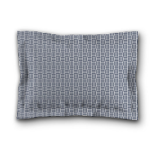 White Microfiber Pillow Sham with Flange, Navy Blue Single Weave Motif Print, White Reverse Side, King (width x length) 22 x 38 inches / 56 x 97 cm