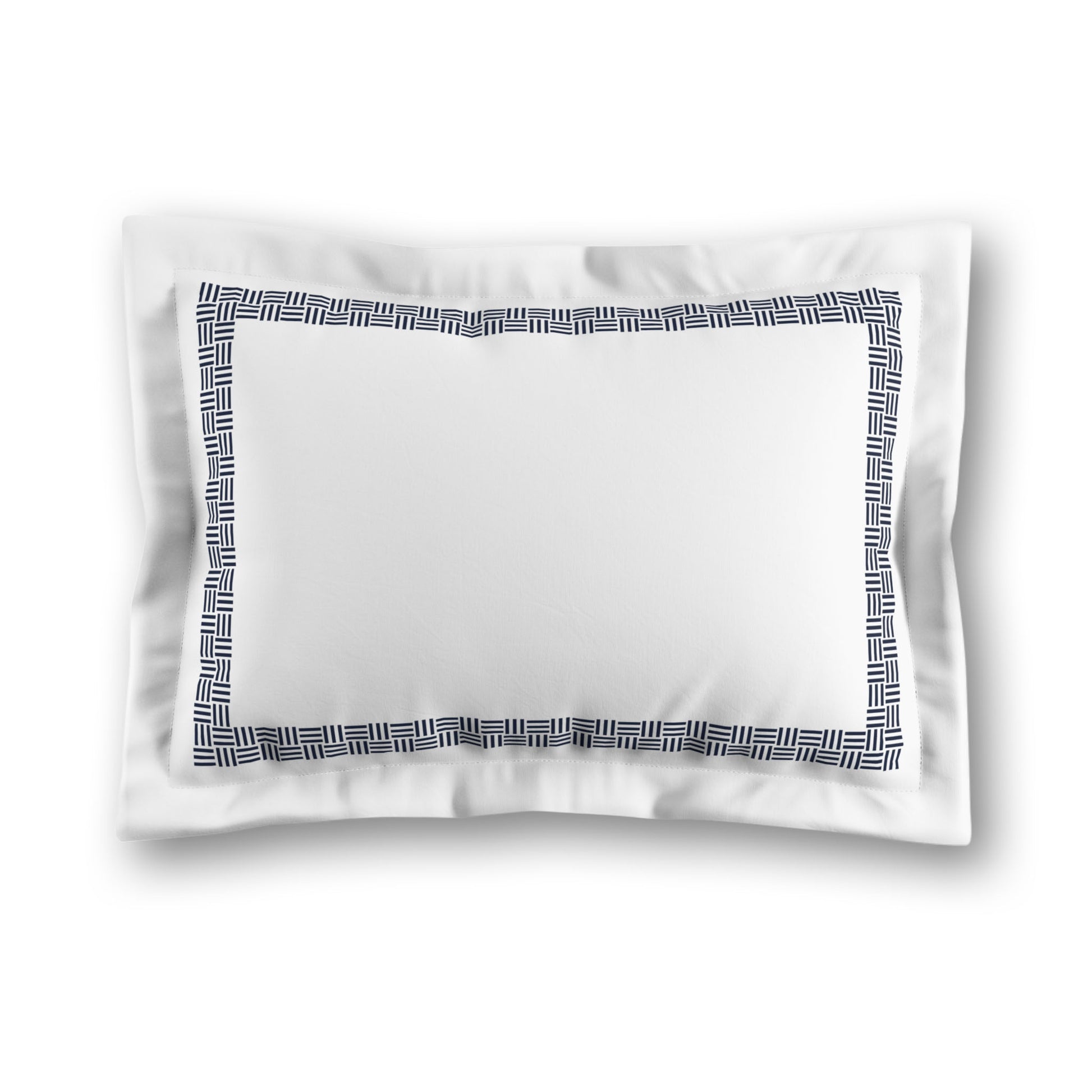 White Microfiber Pillow Sham with Flange, Navy Blue Double Weave Motif Print, Classic Border, White Reverse Side, King (width x length) 22 x 38 inches / 56 x 97 cm