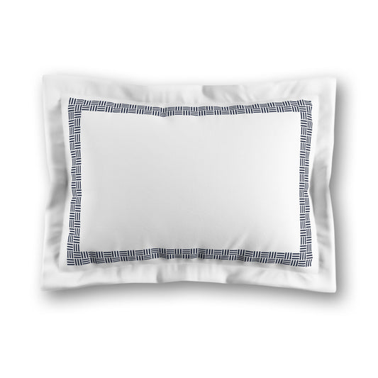 White Microfiber Pillow Sham with Flange, Navy Blue Double Weave Motif Print, Classic Border, White Reverse Side, King (width x length) 22 x 38 inches / 56 x 97 cm