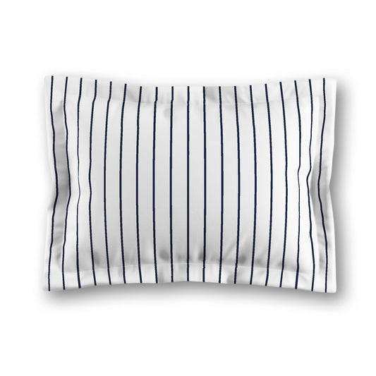 White Microfiber Sham with Flange, Navy Blue Stripes on Front, White Reverse Side, King (width x length) 22 x 38 inches / 56 x 97 cm