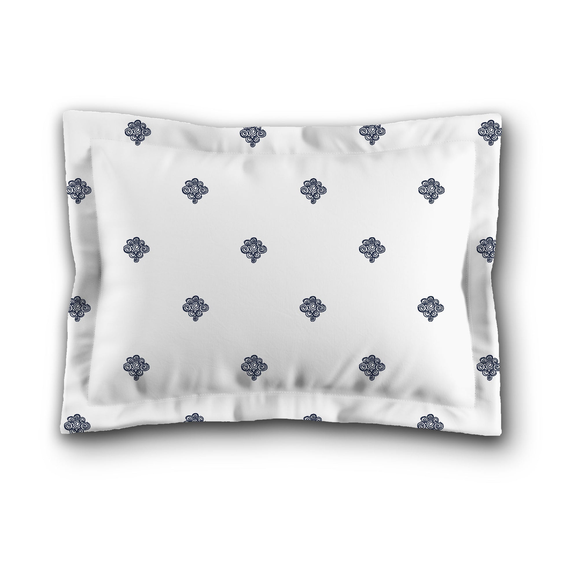 White Microfiber Pillow Sham with Flange, Navy Blue Hand-painted Swizzle Motif Print, White Reverse Side, King (width x length) 22 x 38 inches / 56 x 97 cm