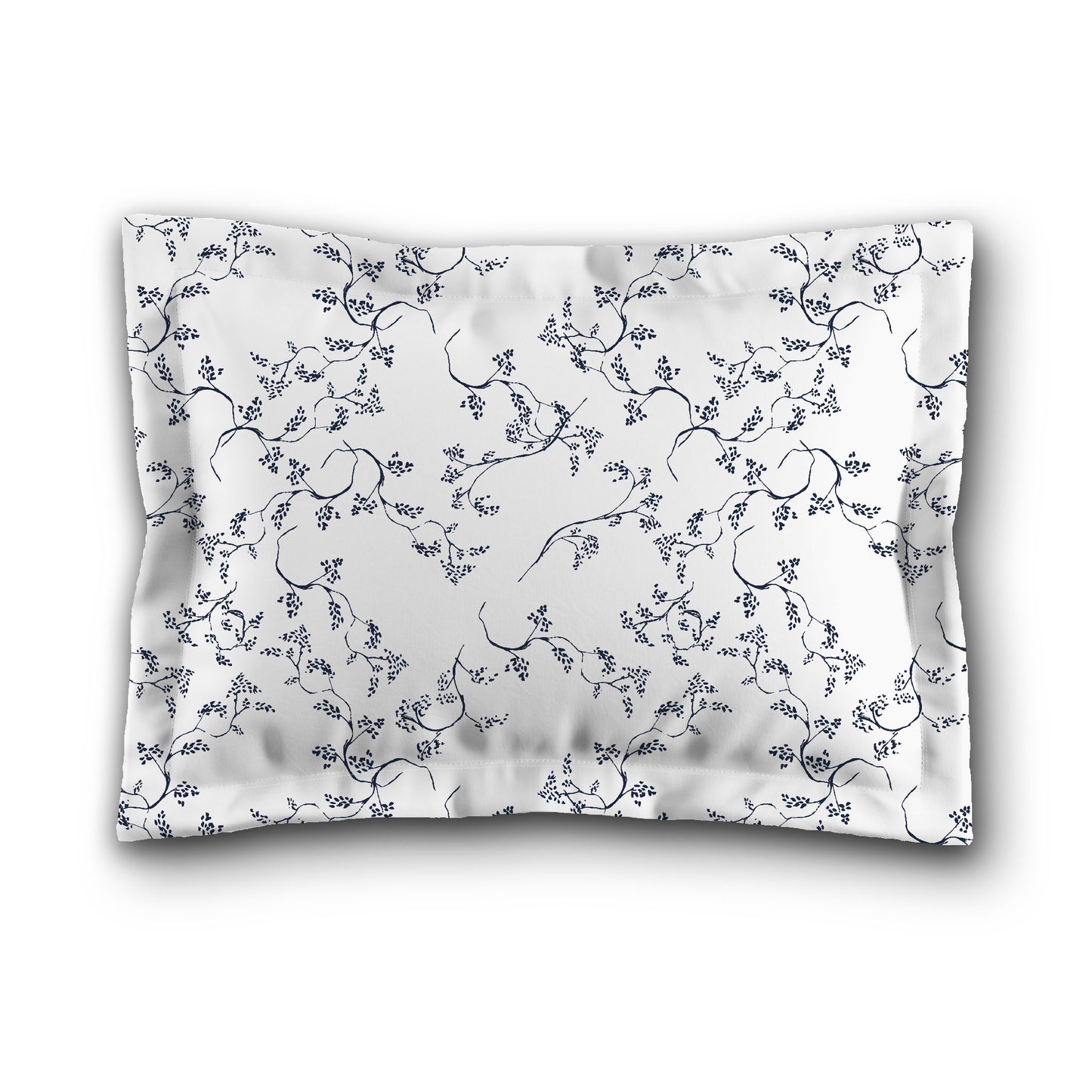 White Microfiber Pillow Sham with Flange, Navy Blue Hand-painted Vine Print, White Reverse Side, King (width x length) 22 x 38 inches / 56 x 97 cm