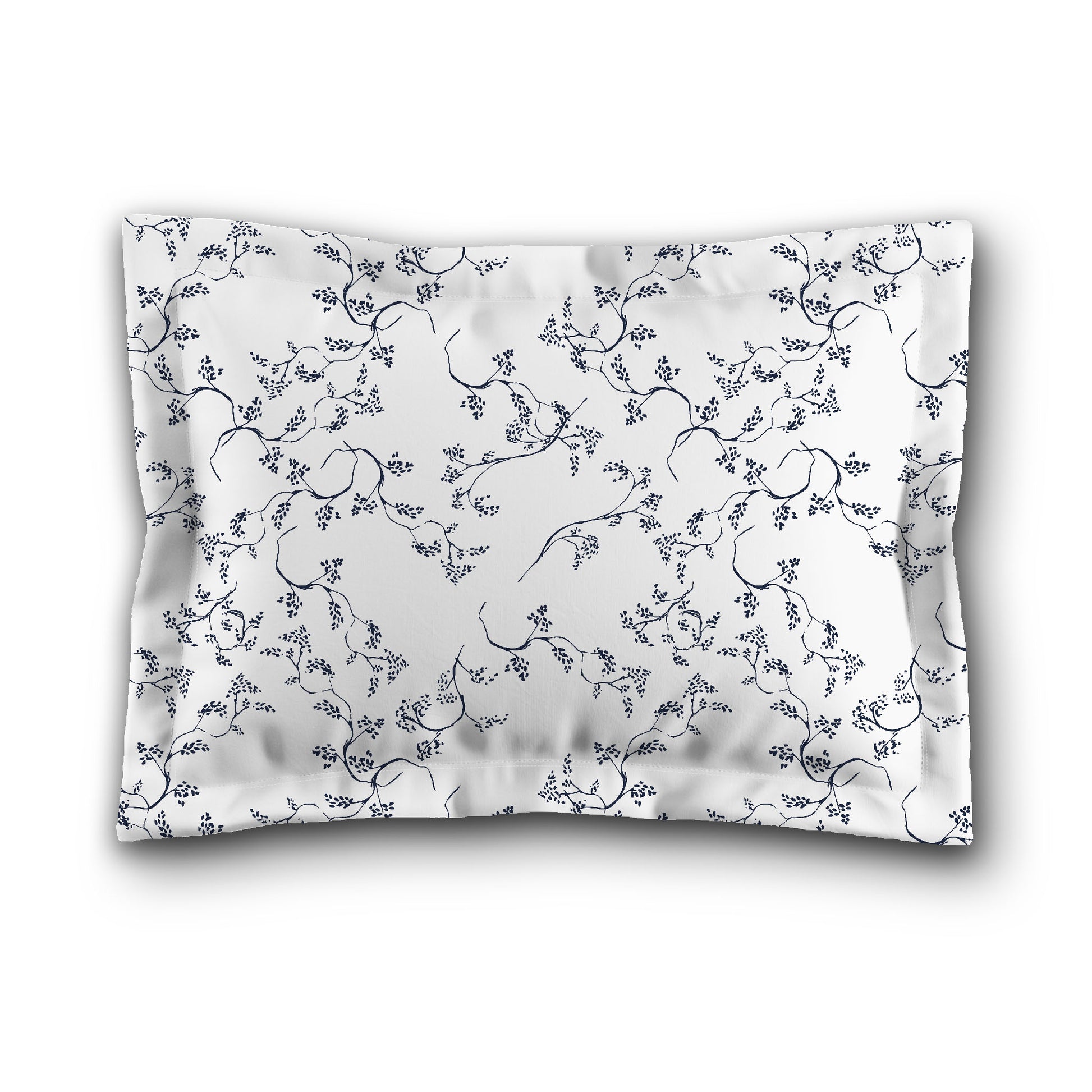 White Microfiber Pillow Sham with Flange, Navy Blue Hand-painted Vine Print, White Reverse Side, King (width x length) 22 x 38 inches / 56 x 97 cm