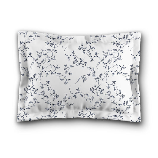 White Microfiber Pillow Sham with Flange, Navy Blue Hand-painted Vine Print, White Reverse Side, King (width x length) 22 x 38 inches / 56 x 97 cm