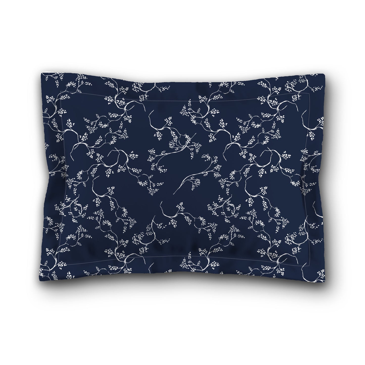Navy Blue Microfiber Pillow Sham with Flange, White Hand-painted Vine Print, White Reverse Side, King (width x length) 22 x 38 inches / 56 x 97 cm