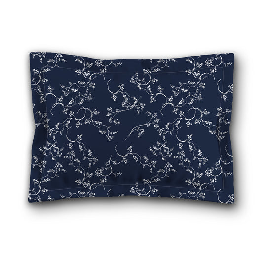 Navy Blue Microfiber Pillow Sham with Flange, White Hand-painted Vine Print, White Reverse Side, King (width x length) 22 x 38 inches / 56 x 97 cm