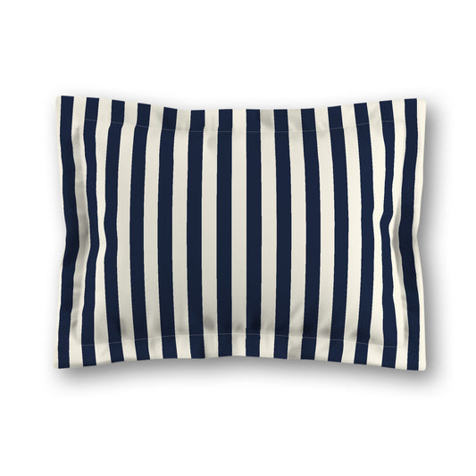 Pale Cream Microfibre Sham with Flange, Navy Blue Bars on Front, White Reverse Side, King (width x length) 22 x 38 inches / 56 x 97 cm