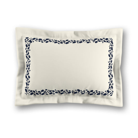 Pale Cream Microfibre Pillow Sham with Flange, Navy Blue Hand-painted Dab Motif Print, Classic Border, White Reverse Side, King (width x length) 22 x 38 inches / 56 x 97 cm
