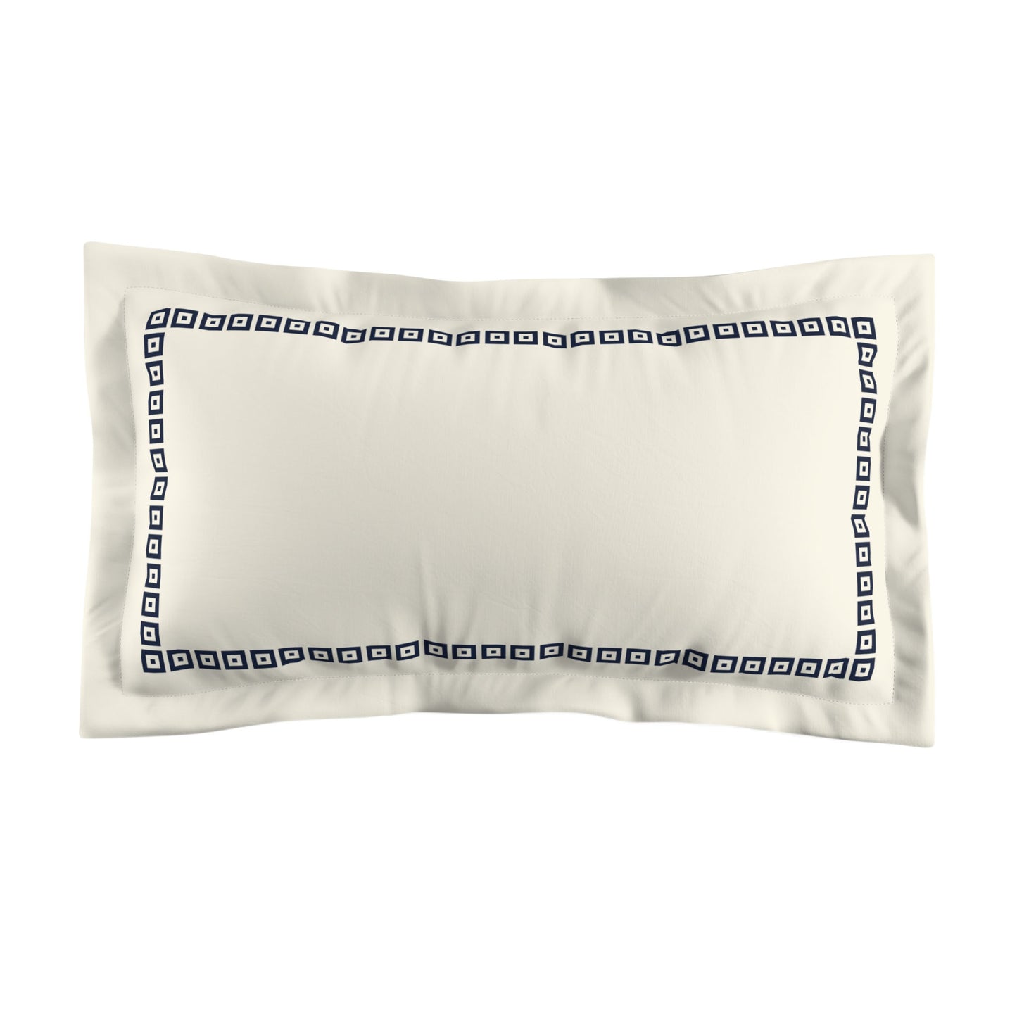 Pale Cream Microfibre Pillow Sham with Flange, Navy Blue Repeating Square Motif Print, Classic Border, White Reverse Side, Standard (width x length) 22 x 30 inches / 56 x 76 cm