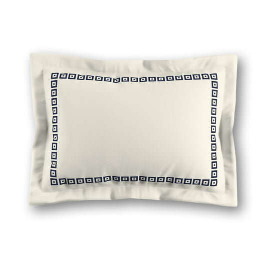 Pale Cream Microfibre Pillow Sham with Flange, Navy Blue Repeating Square Motif Print, Classic Border, White Reverse Side, King (width x length) 22 x 38 inches / 56 x 97 cm
