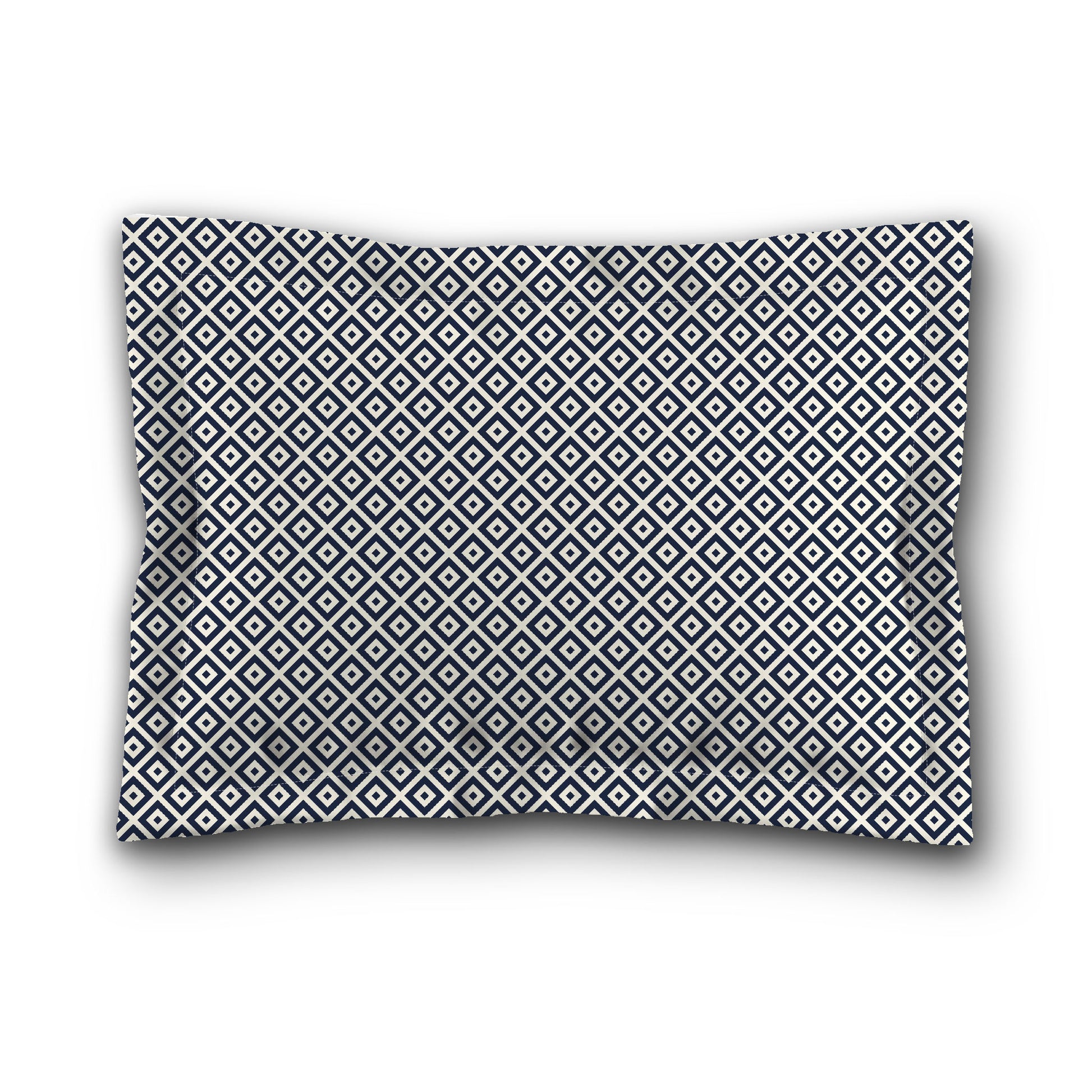 Pale Cream Microfibre Pillow Sham with Flange, Navy Blue Repeating Square Motif Print, White Reverse Side, King (width x length) 22 x 38 inches / 56 x 97 cm