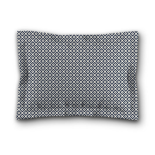 Pale Cream Microfibre Pillow Sham with Flange, Navy Blue Repeating Square Motif Print, White Reverse Side, King (width x length) 22 x 38 inches / 56 x 97 cm