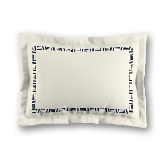 Pale Cream Microfibre Pillow Sham with Flange, Navy Blue Single Weave Motif Print, Classic Border, White Reverse Side, King (width x length) 22 x 38 inches / 56 x 97 cm