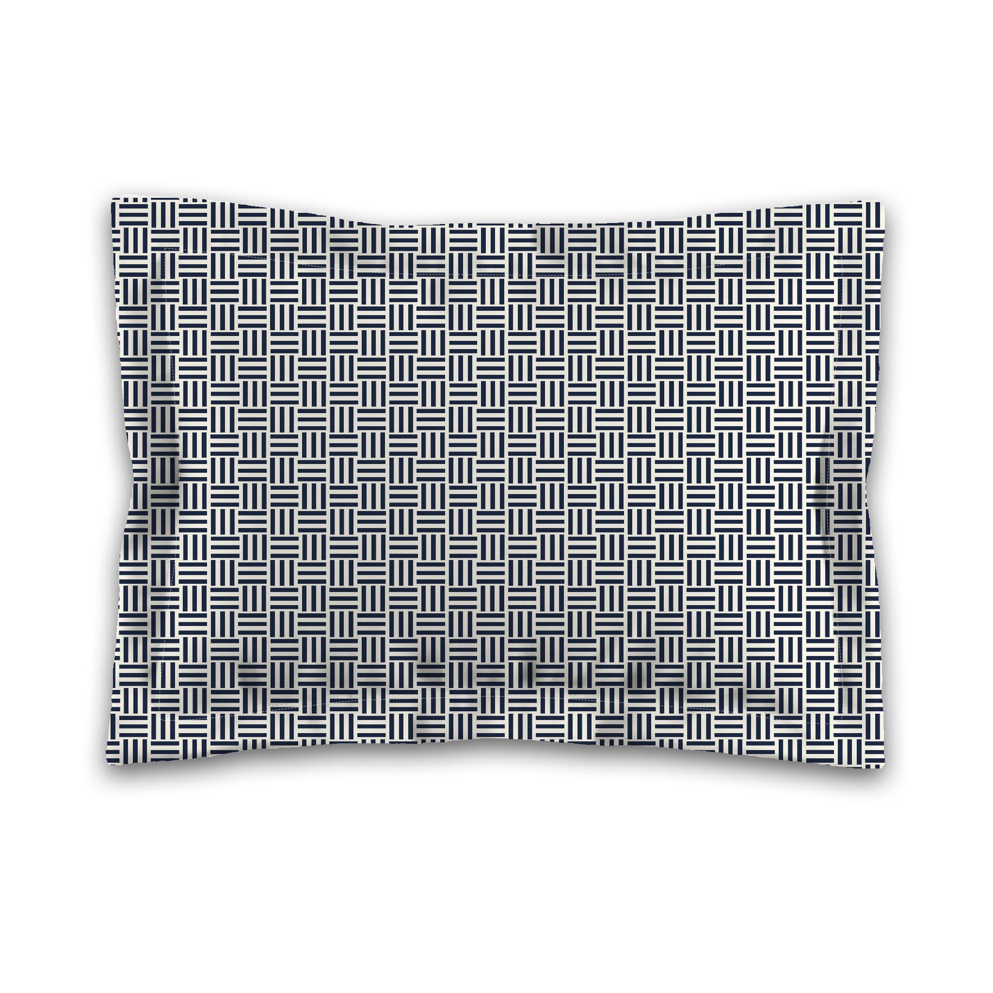 Pale Cream Microfibre Pillow Sham with Flange, Navy Blue Single Weave Motif Print, White Reverse Side, King (width x length) 22 x 38 inches / 56 x 97 cm