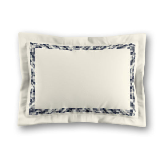 Pale Cream Microfibre Pillow Sham with Flange, Navy Blue Double Weave Motif Print, Classic Border, White Reverse Side, King (width x length) 22 x 38 inches / 56 x 97 cm