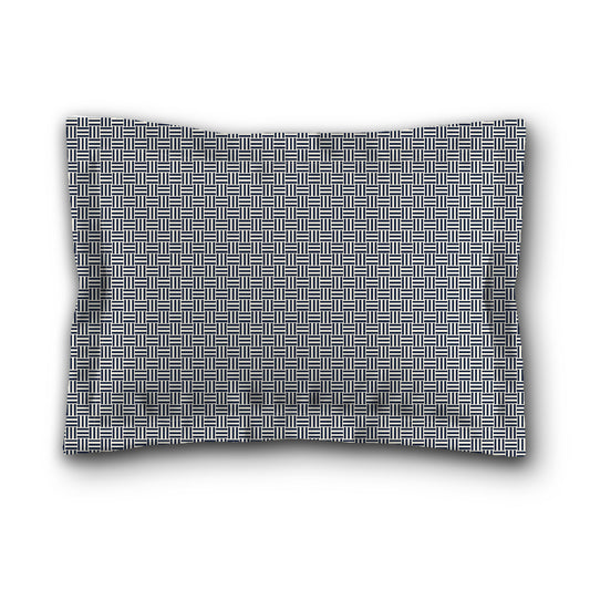 Pale Cream Microfibre Pillow Sham with Flange, Navy Blue Double Weave Motif Print, White Reverse Side, King (width x length) 22 x 38 inches / 56 x 97 cm