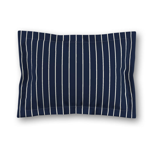 Navy Blue Microfiber Sham with Flange, Pale Cream Stripes on Front, White Reverse Side, King (width x length) 22 x 38 inches / 56 x 97 cm