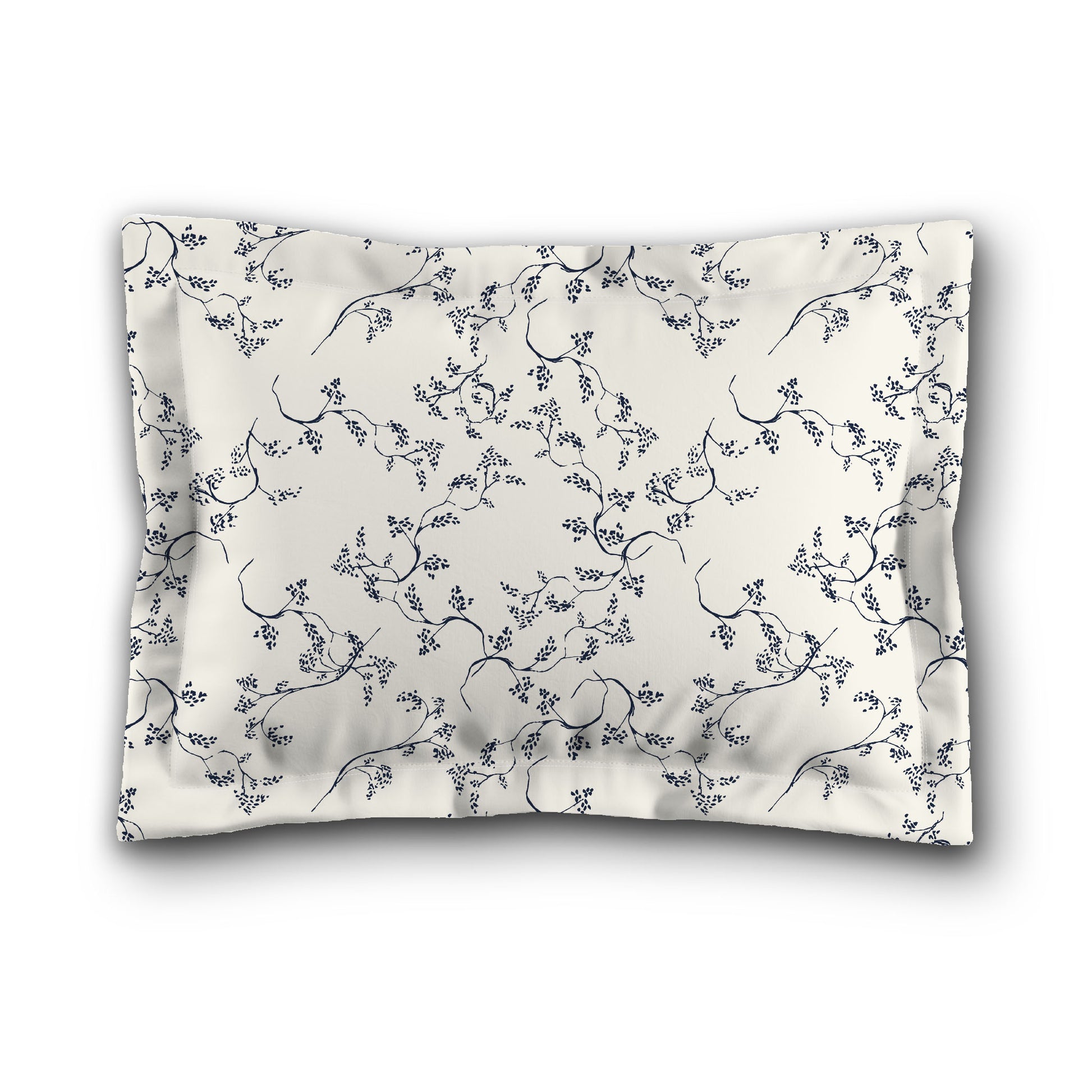 Pale Cream Microfibre Pillow Sham with Flange, Navy Blue Hand-painted Vine Print, White Reverse Side, King (width x length) 22 x 38 inches / 56 x 97 cm
